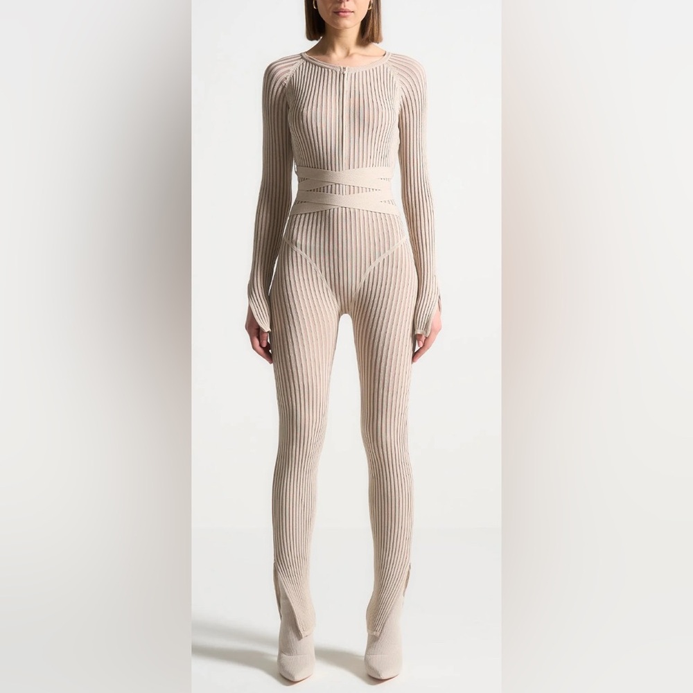 Knitted Two Tone Jumpsuit With Belt